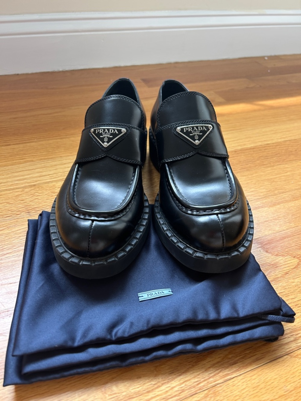 Prada Black Brushed Leather Loafers